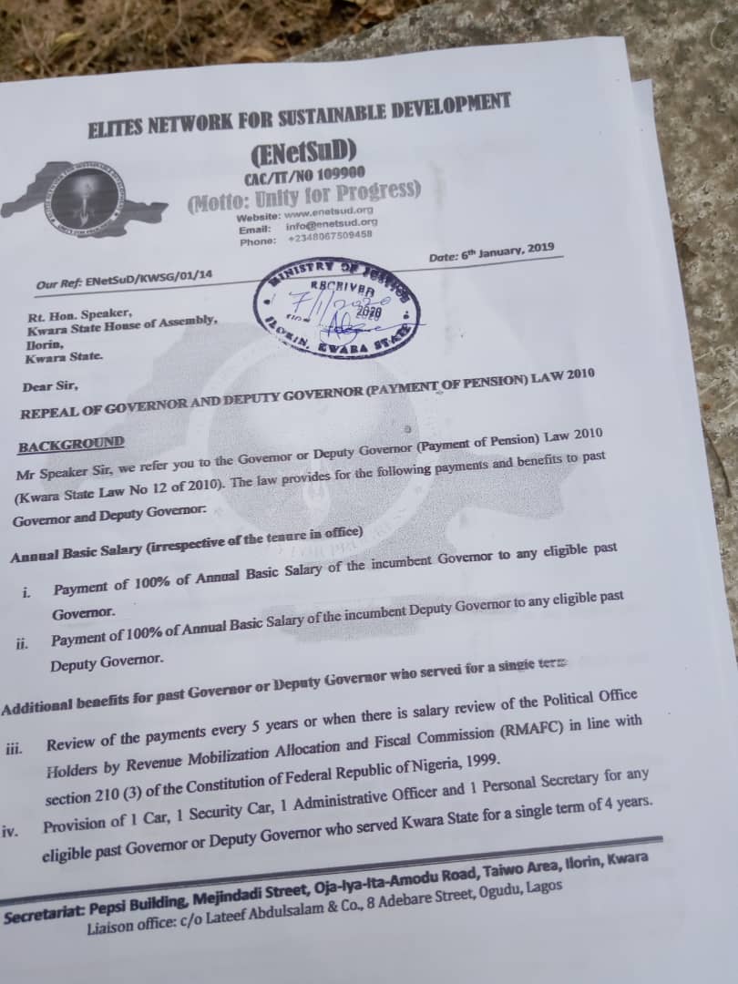 Copy of letter sent to kwara House of Assembly 