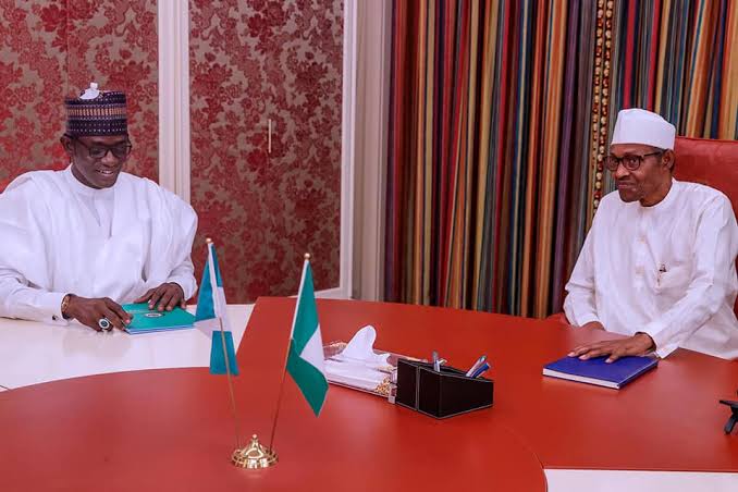 President Muhammadu Buhari and Governor Mai Mala Buni at the State House.