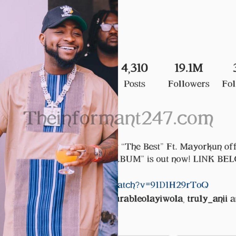 Davido becomes the first African Artist to hit 19M followers on Instagram