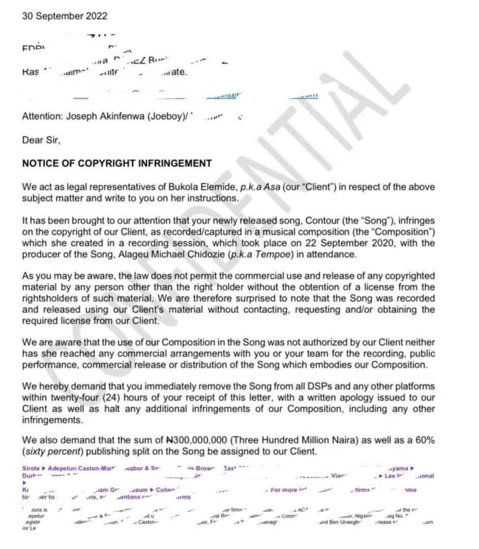 letter sent to Joeboy by Asas Lawyer