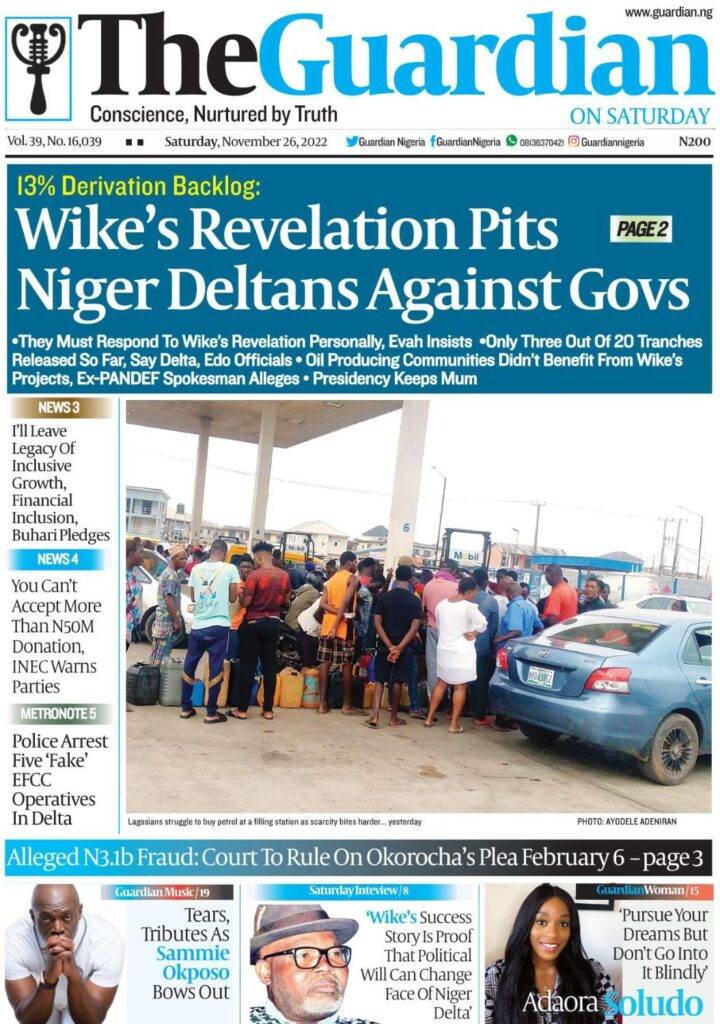 Guardian Nigeria Newspaper front page november 26 2022