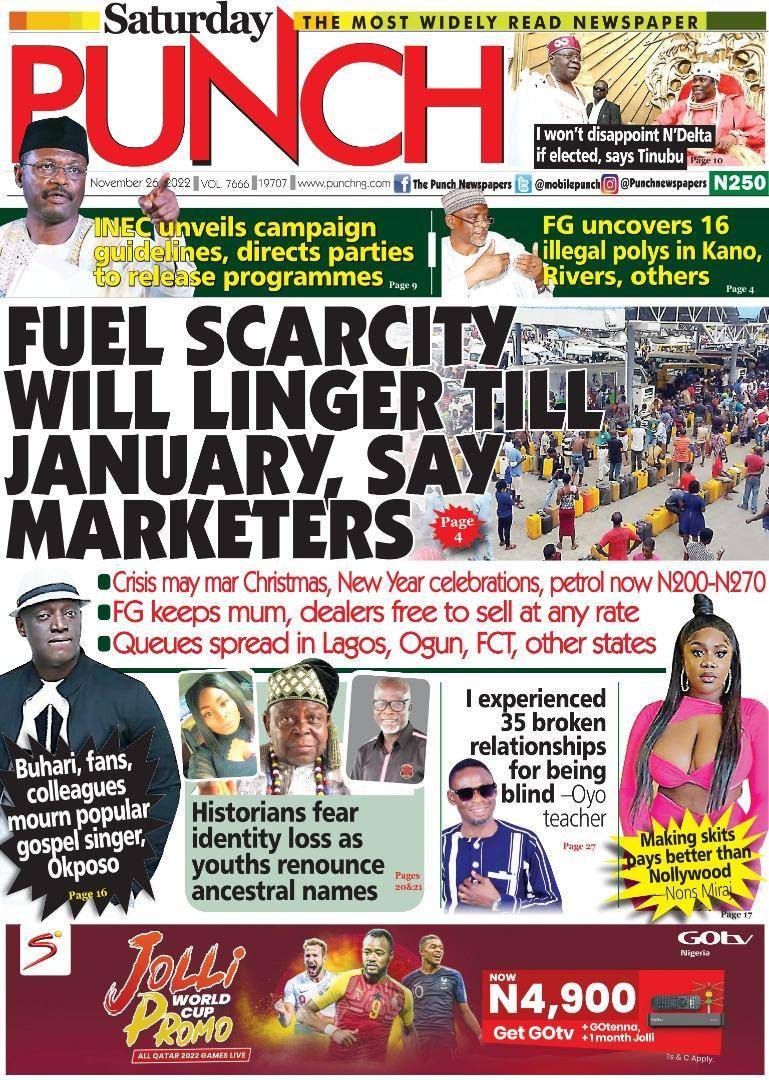 Punch Newspaper front page november 26 2022