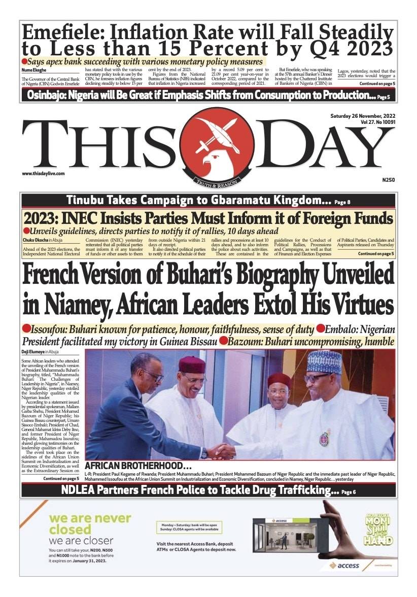 Thisday front page november 26 2022