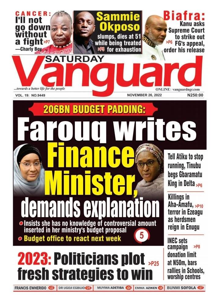 Vanguard Newspaper front page november 26 2022
