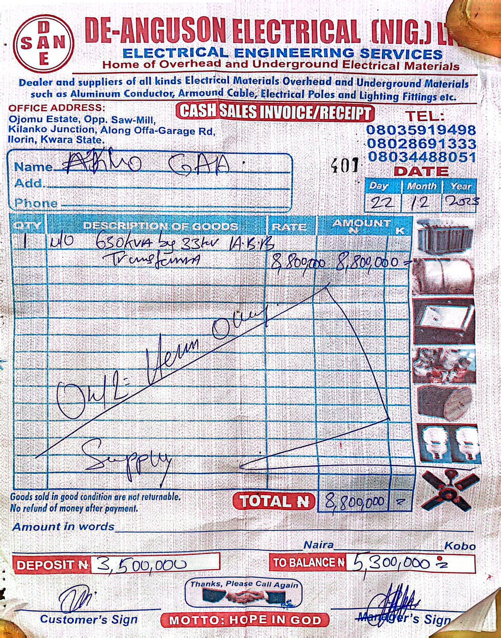 Receipt for the payment of transformer