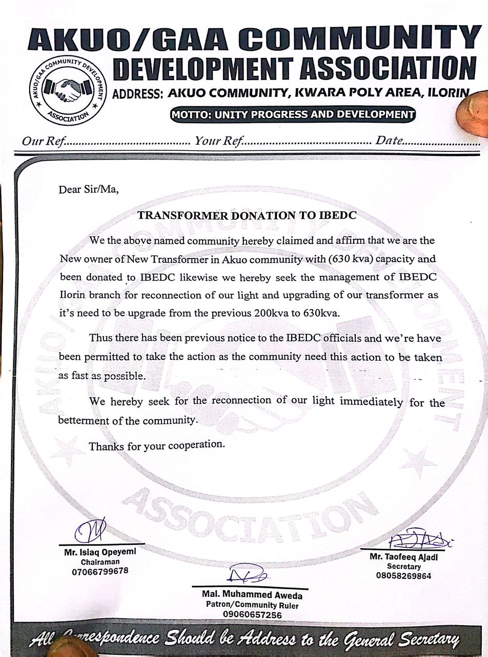 Letter of Transformer donation to IBEDC