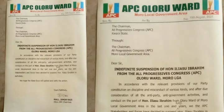 Kwara APC suspends party chieftain, Iliyasu Moro, after criticising Gov Abdulrazaq