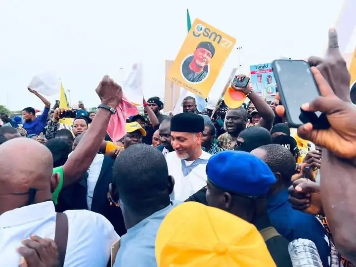 “We’re just testing the mic, not yet time for politics,” Turaki tells supporters