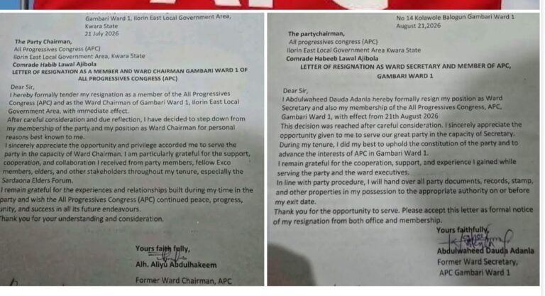 Two APC ward executives quit party in Kwara following Saliu Mustapha’s defection