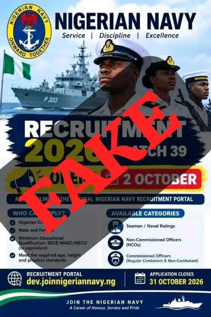 Navy warns public against fake 2026 batch 39 recruitment notice