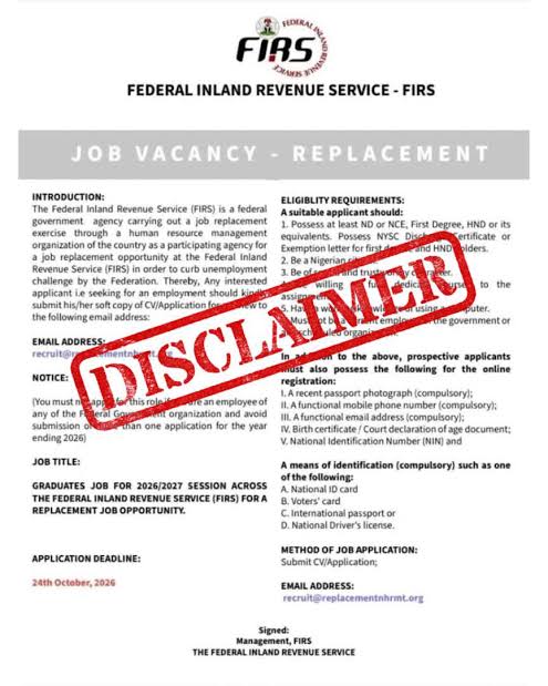 NRS warns Nigerians against fake recruitment notice